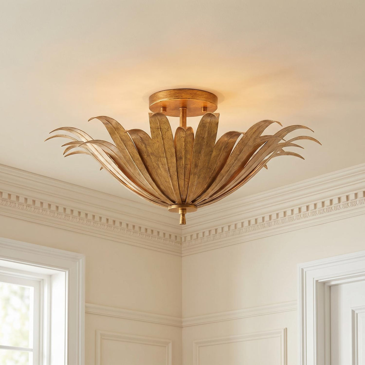 Cerise Semi-Flush 18", Antique Gold leaf design Flush Mount in a Traditional Entryway with dentil molding and decorative wall panels.