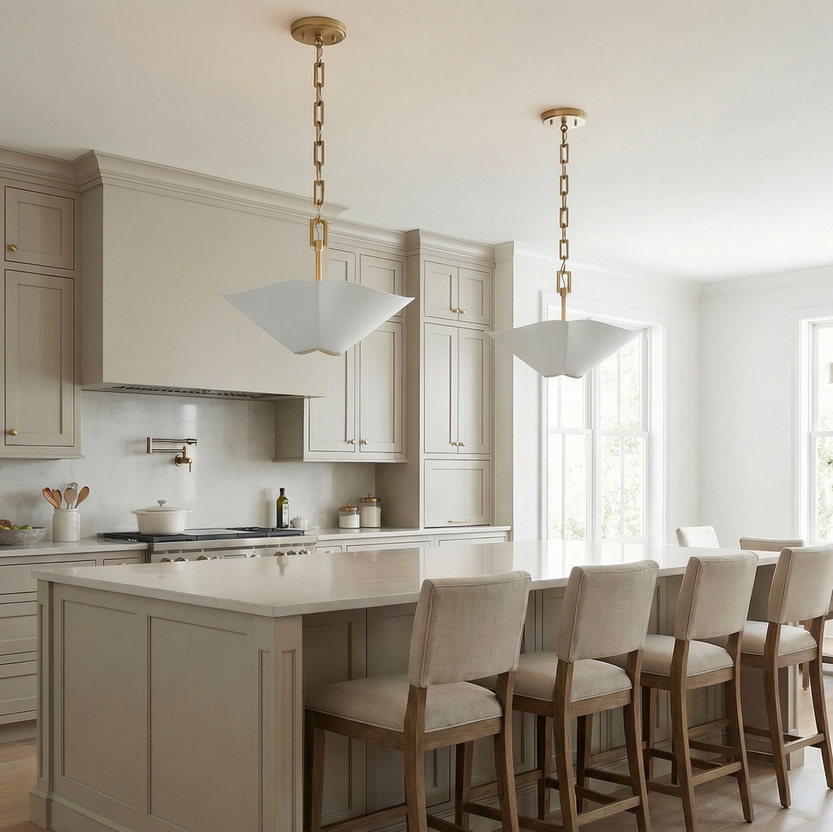 Fiore Pendant 19, White and Matte Brass, in a Modern kitchen with neutral cabinetry and stone countertops.