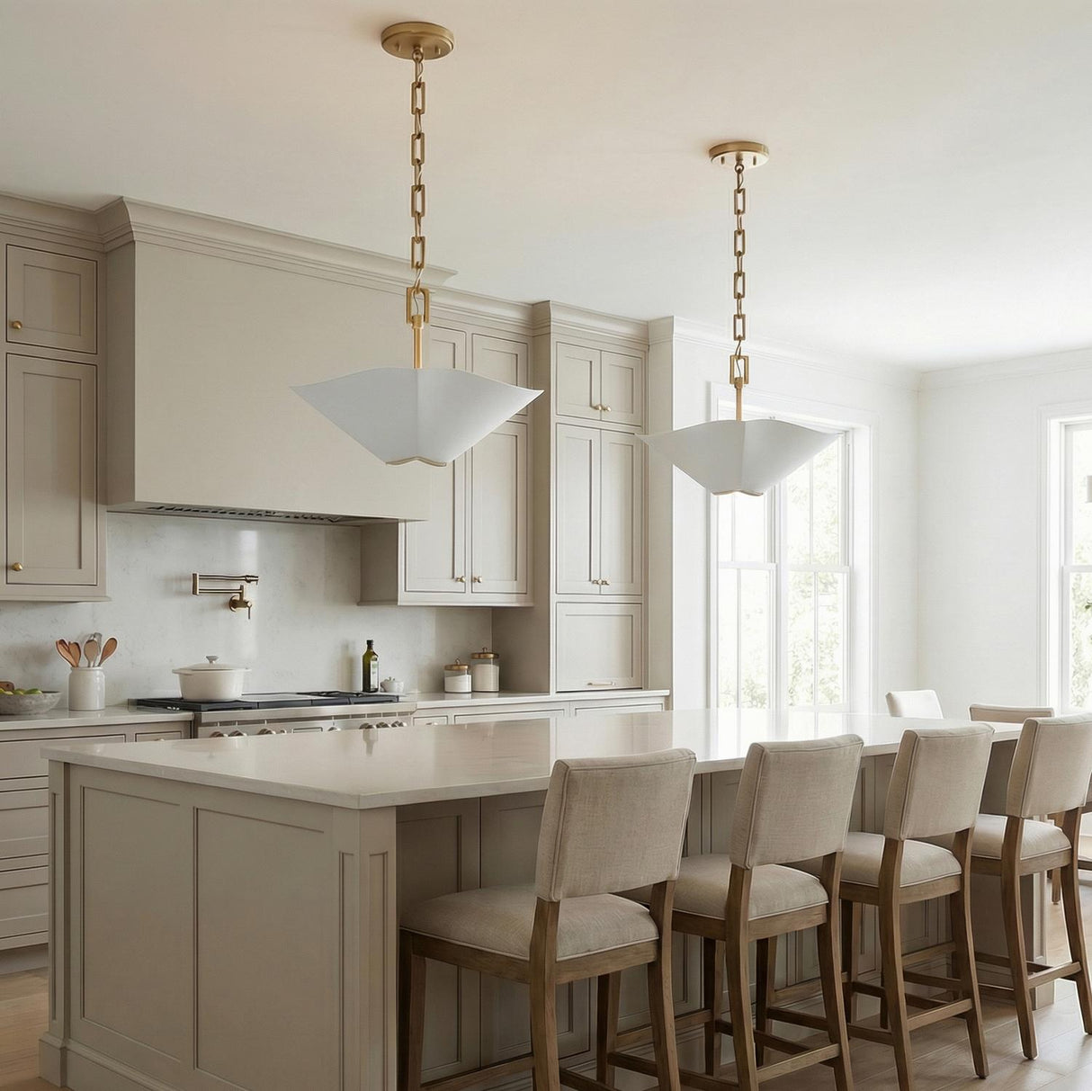 Fiore Pendant 19, White and Matte Brass, in a Modern kitchen with neutral cabinetry and stone countertops.