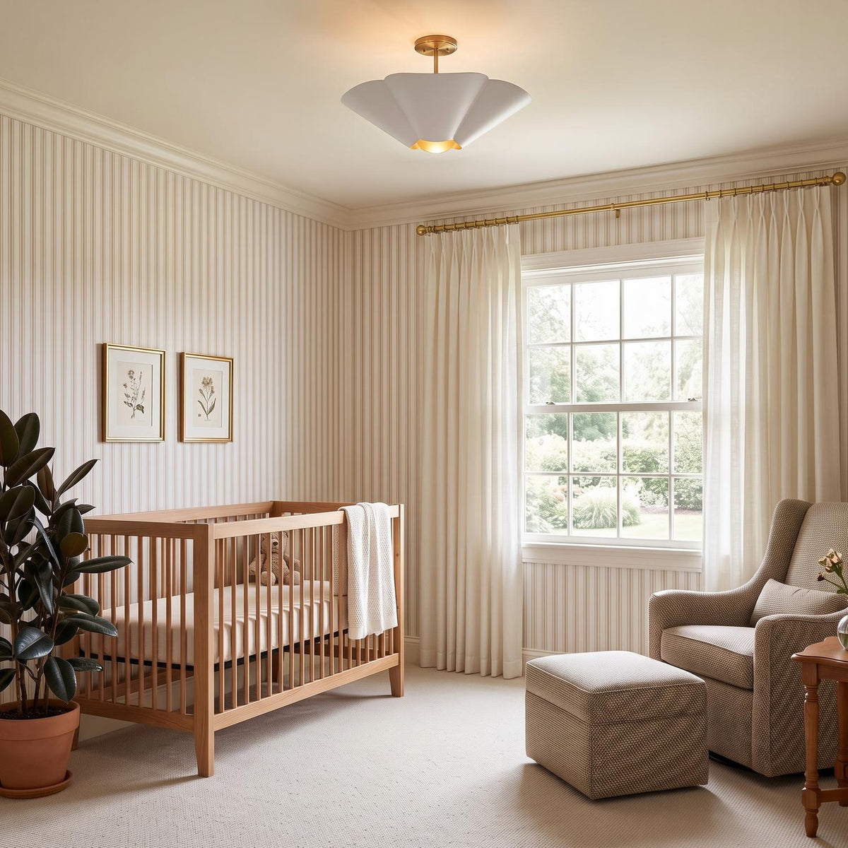 A transitional nursery featuring the Fiore Semi-Flush 23", White and Matte Brass centered on the ceiling above a light wood crib and cream pinstripe wallpaper.