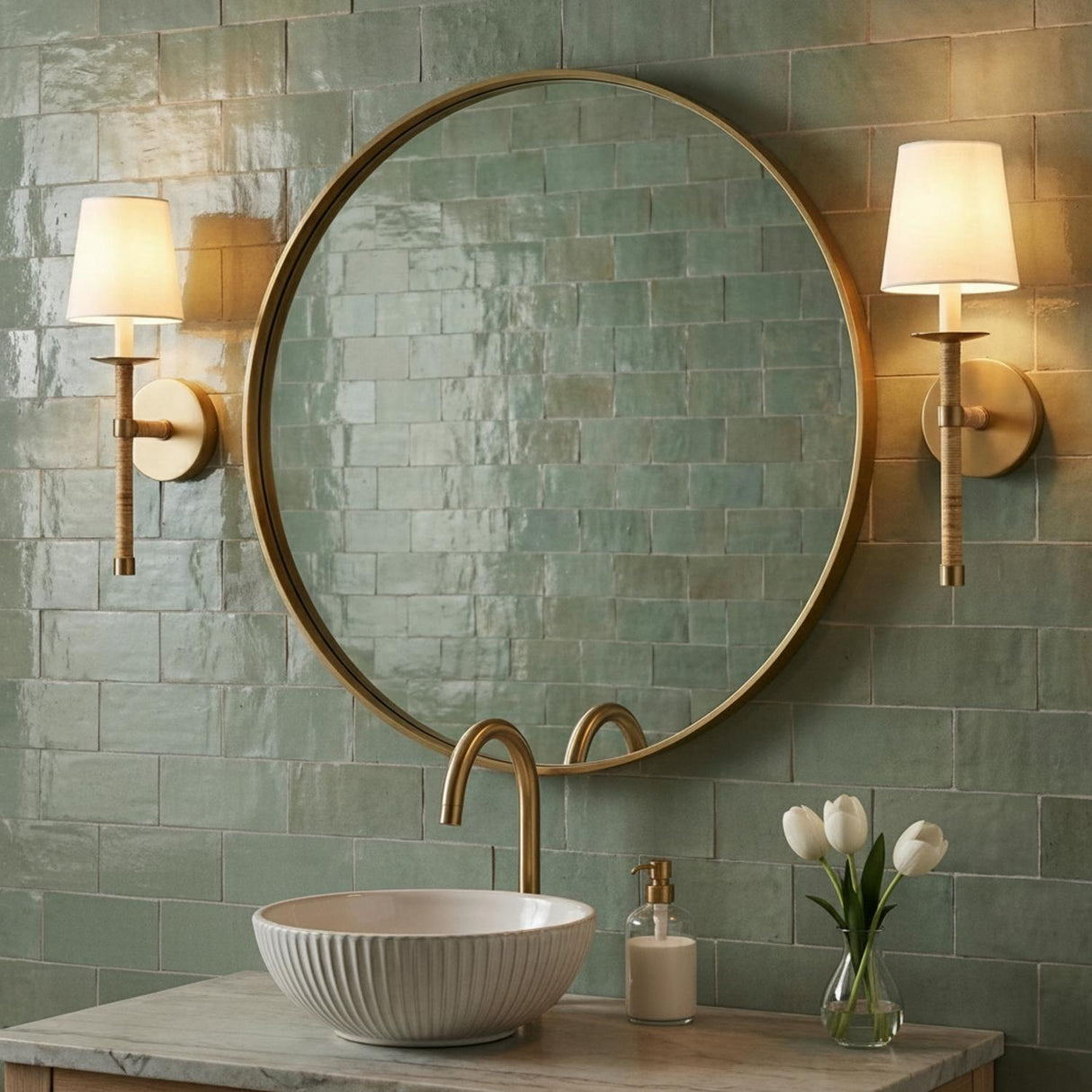 Faris Wall Sconce 18", Matte Brass with Rattan