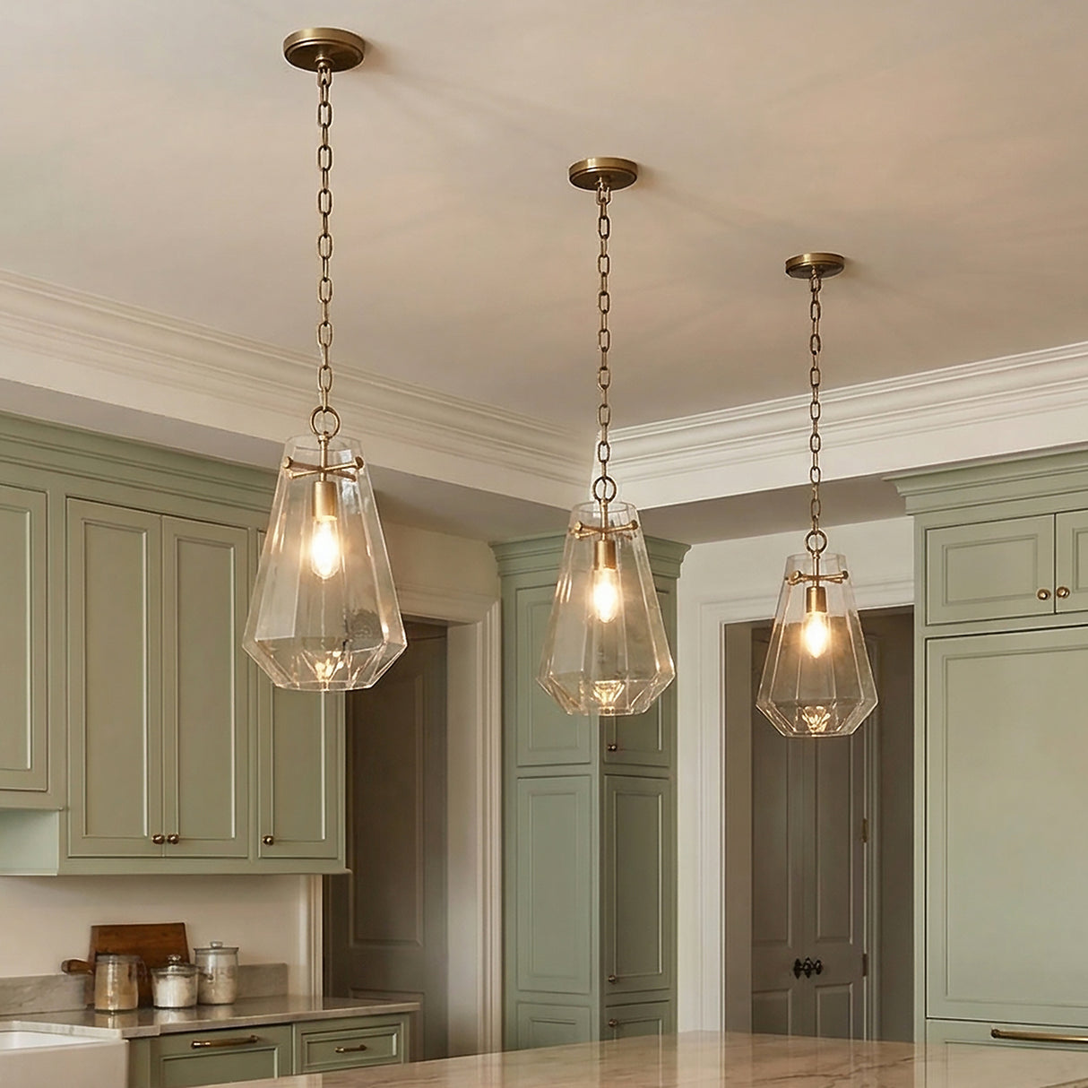 Delmar Pendant 11, Aged Brass for Modern Farmhouse home with Green Shiplap