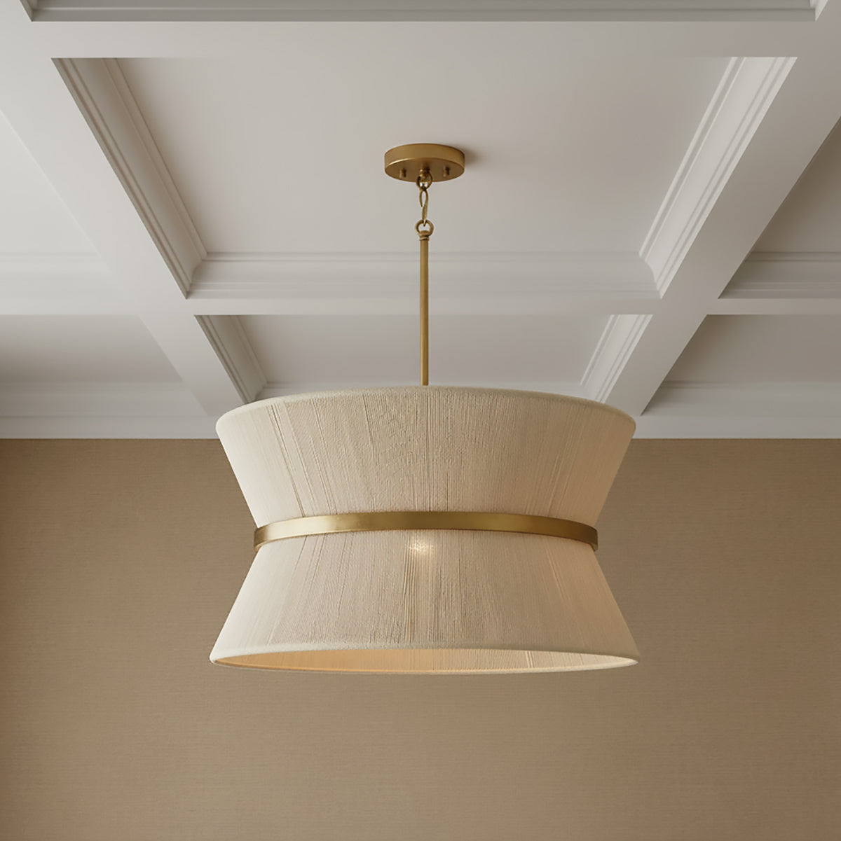 Beacon Pendant 24, Patina Brass with Natural Rope for Transitional home with Textured Walls