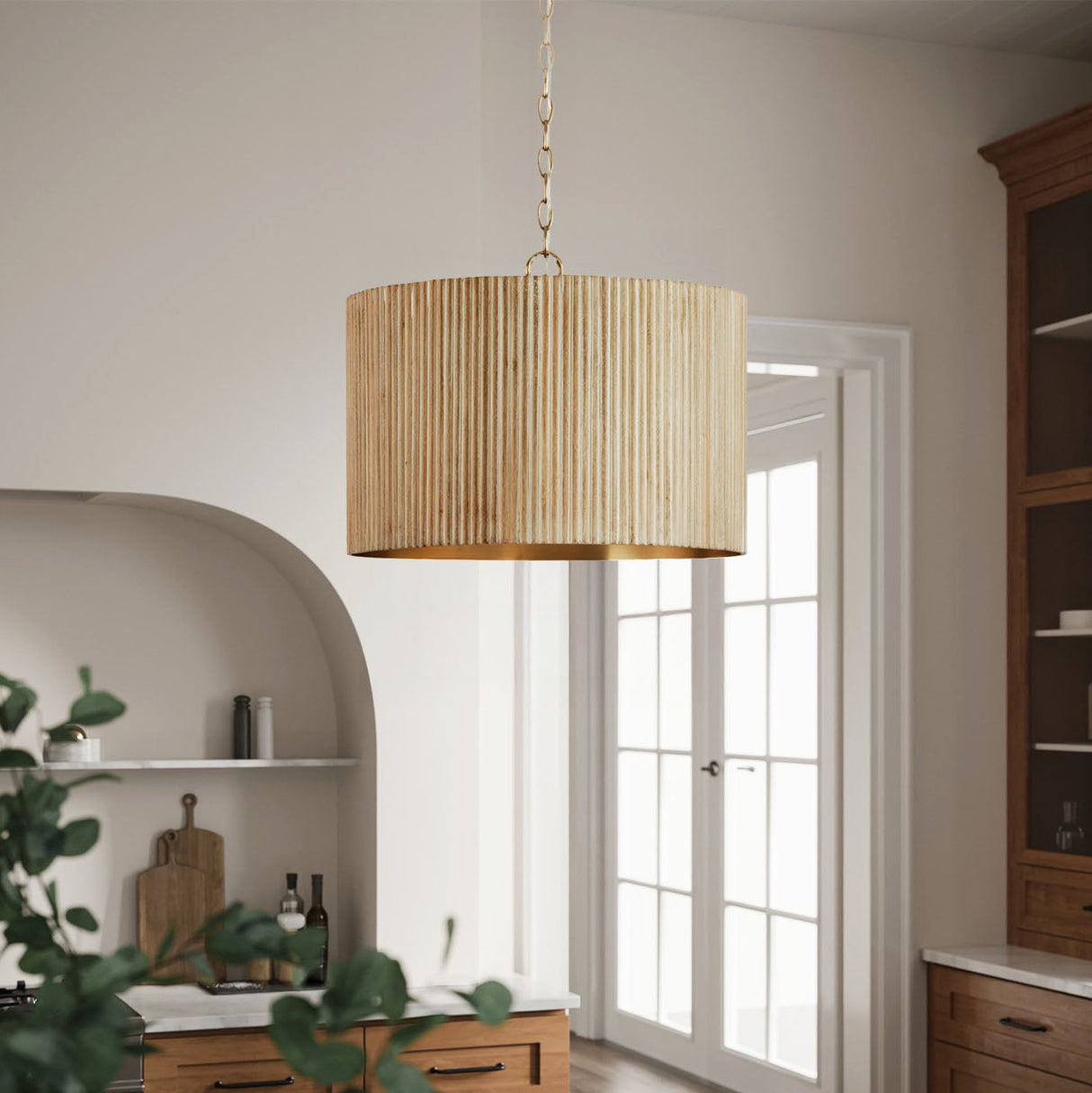 Leery 20" Pendant light fixture in a kitchen with wooden cabinets and a window.