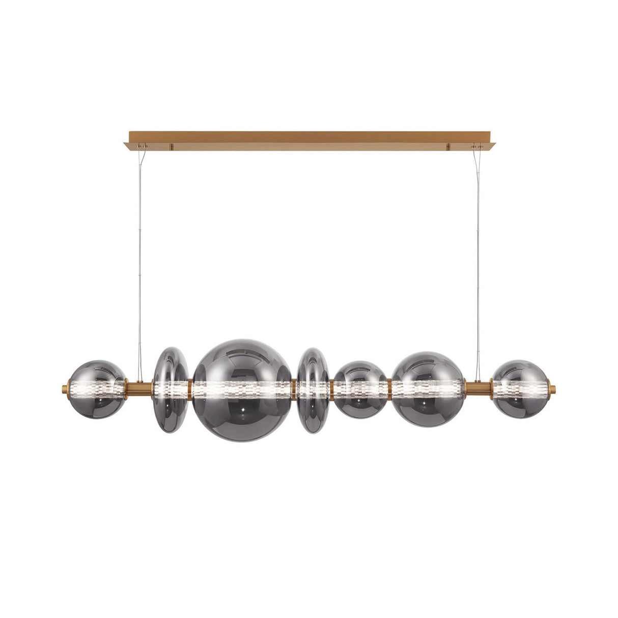 Elara LED 7 Light Linear Chandelier 56", Brass and Smoke Glass