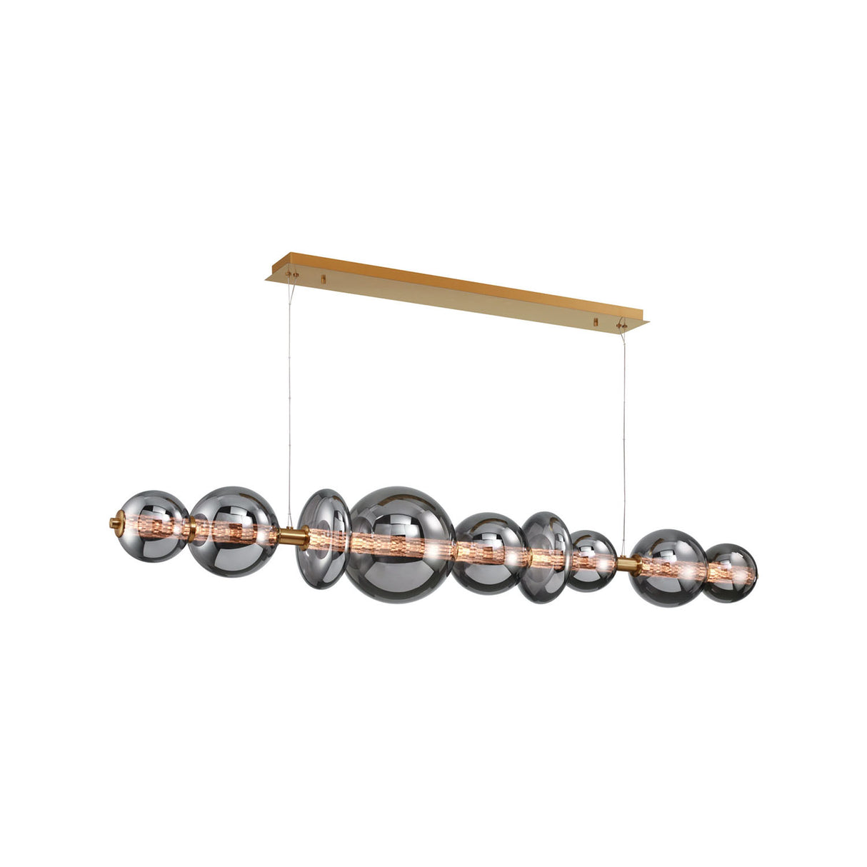 Elara LED 9 Light Linear Chandelier 74", Brass and Smoke Glass