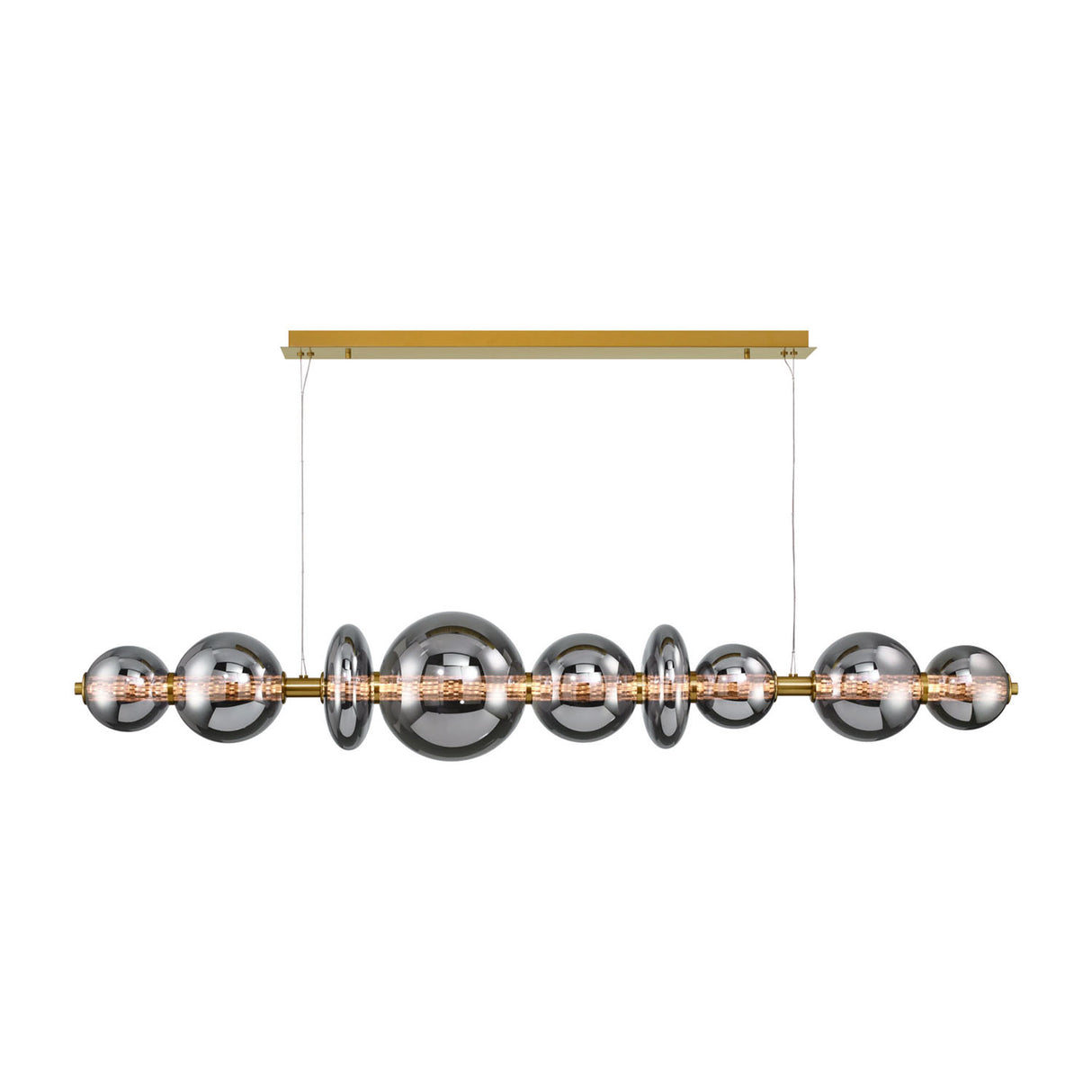Elara LED 9 Light Linear Chandelier 74", Brass and Smoke Glass