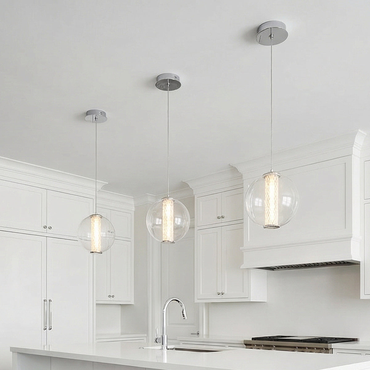 Elara LED Pendant 9, Chrome and Clear Glass for Modern home with White cabinets