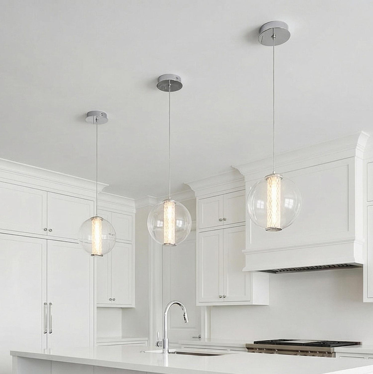 Elara LED Pendant 9, Chrome and Clear Glass for Modern home with White cabinets