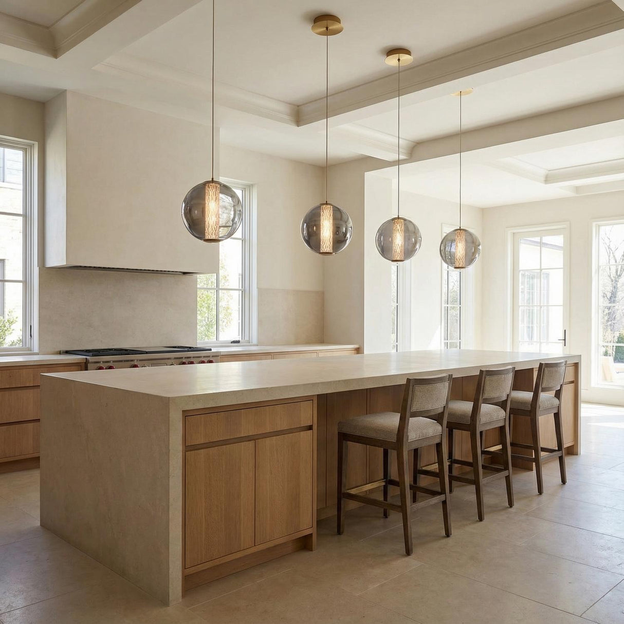 A contemporary kitchen features four Elara LED Pendant 9", Brass and Smoke Glass fixtures in brushed brass over a beige waterfall island under a coffered ceiling.