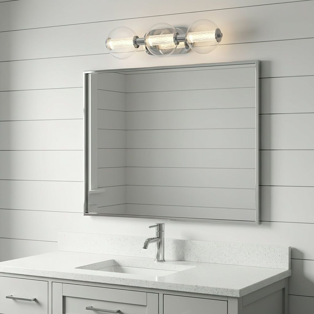 Elara LED 3 Light Vanity 25", Chrome and Clear Glass for Modern Farmhouse home with White Shiplap