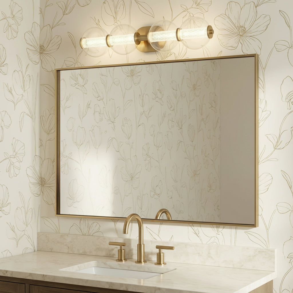 Elara LED 4 Light Vanity 30", Brass and Clear Glass for Modern home with Floral Wallpaper