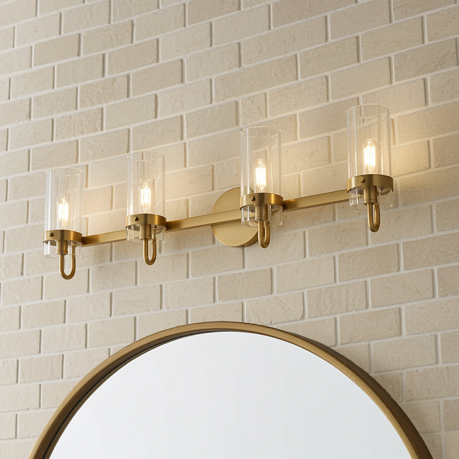 Corbin 4 Light Vanity 31", Brass for Modern home with Cream Brick