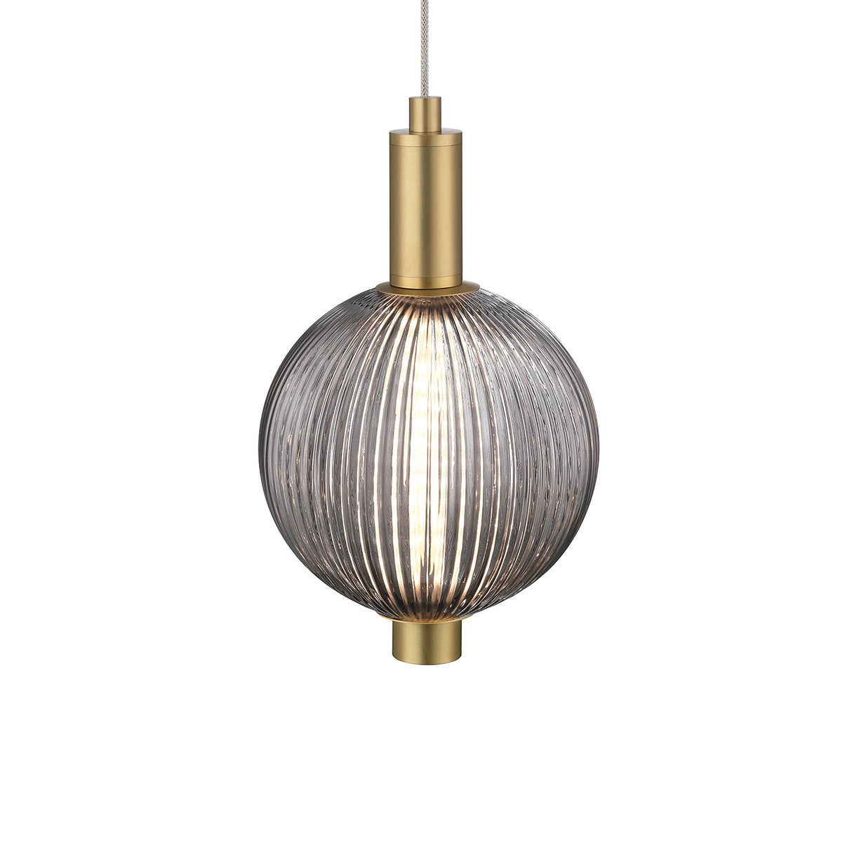 Nola LED Pendant 6", Brass and Ribbed Smoked Glass