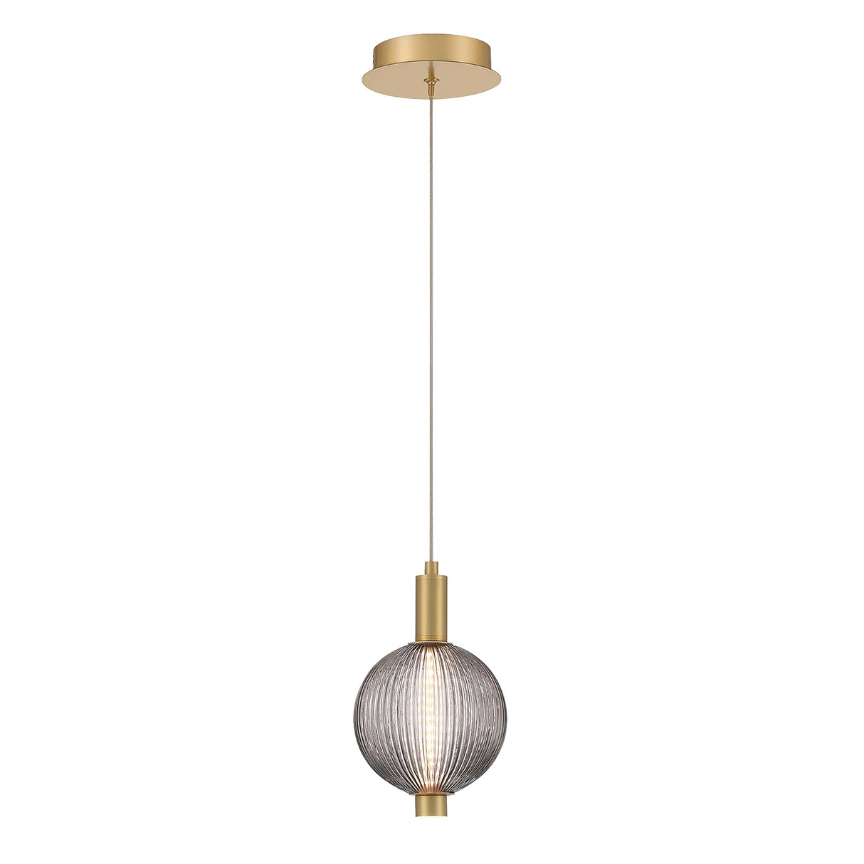 Nola LED Pendant 6", Brass and Ribbed Smoked Glass