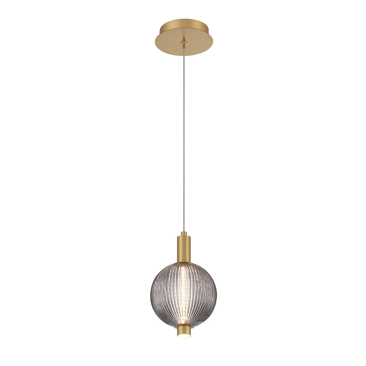 Nola LED Pendant 6", Brass and Ribbed Smoked Glass