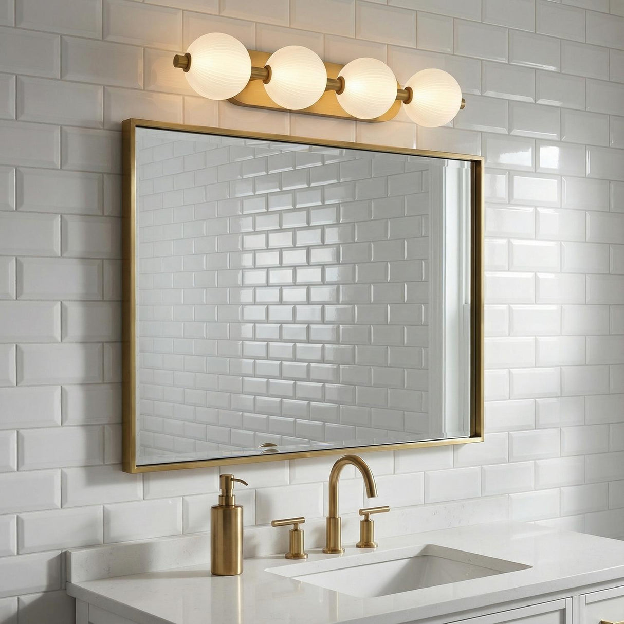 Nola LED 4 Light Vanity 30", Brass and Ribbed Opal Glass