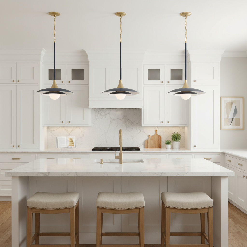 Yates LED Pendant 18, Matte Navy - Three pendant lights above a kitchen island.