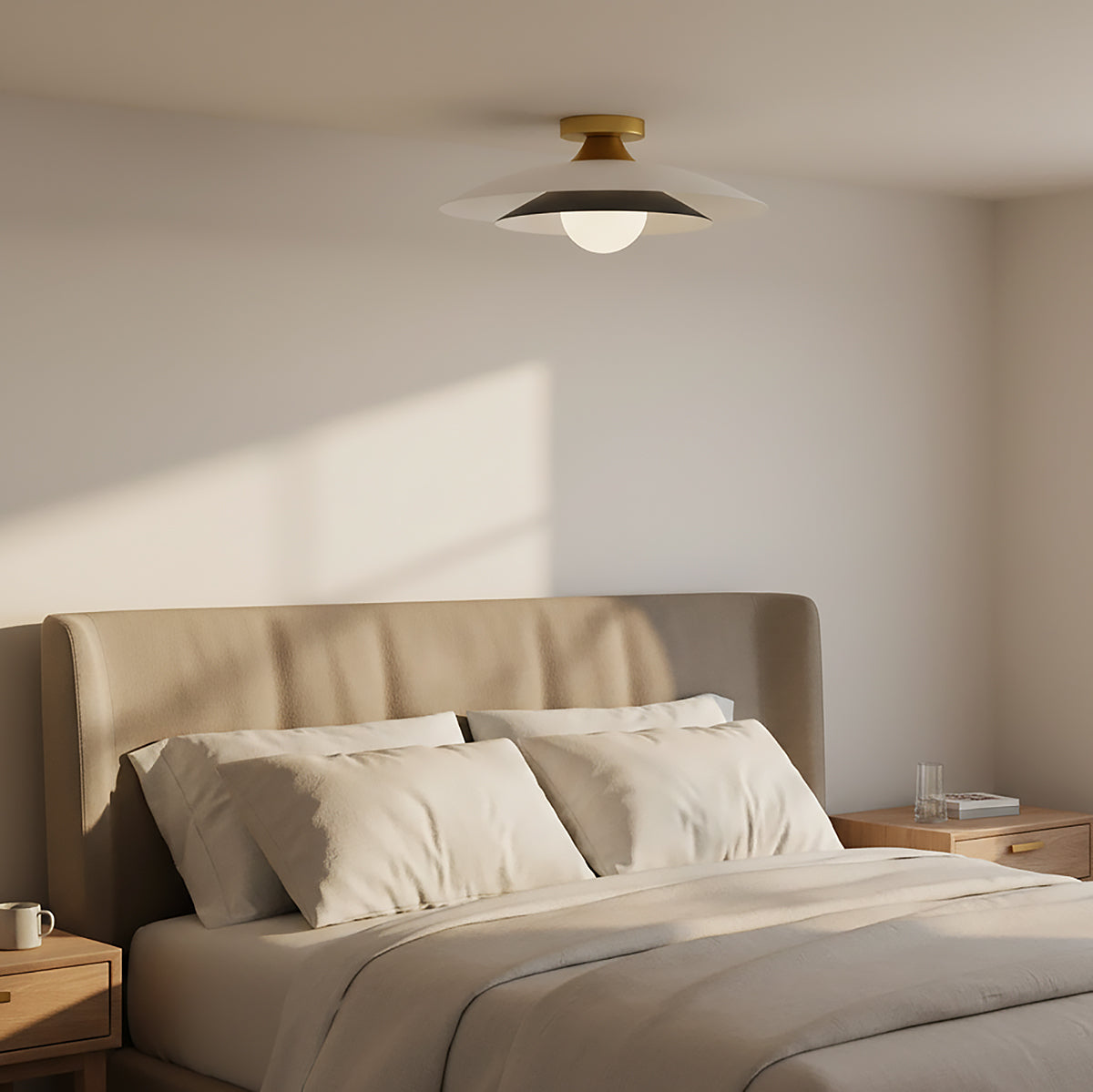 Yates LED Flush Mount 18", Matte White finish in a neutral bedroom.