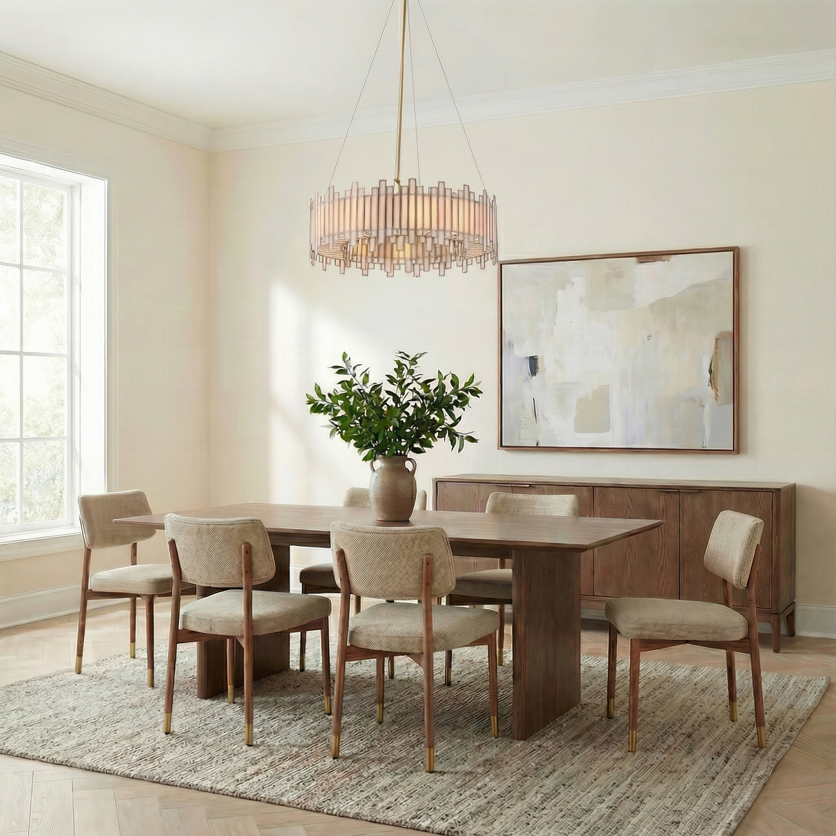 Colette 8 Light Chandelier 28", Antique Brass geometric chandelier in a Transitional Dining Room with a wood table and abstract art.
