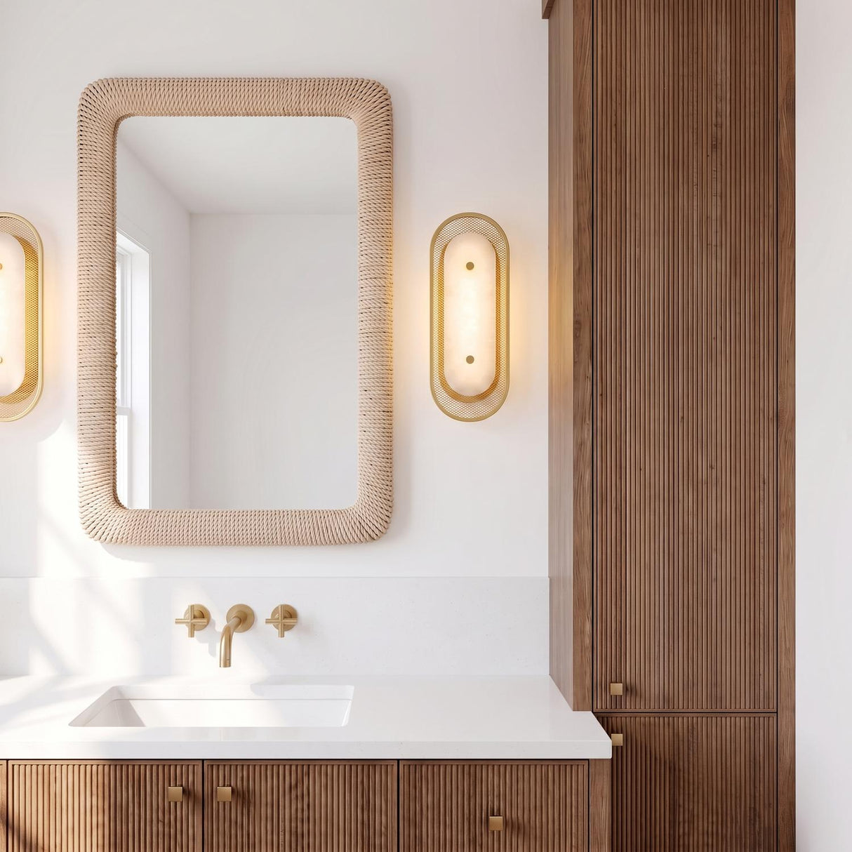 A modern bathroom with the Vance LED Wall Sconce in brass and alabaster flanking a rectangular rope mirror over white quartz counters and fluted walnut cabinets.