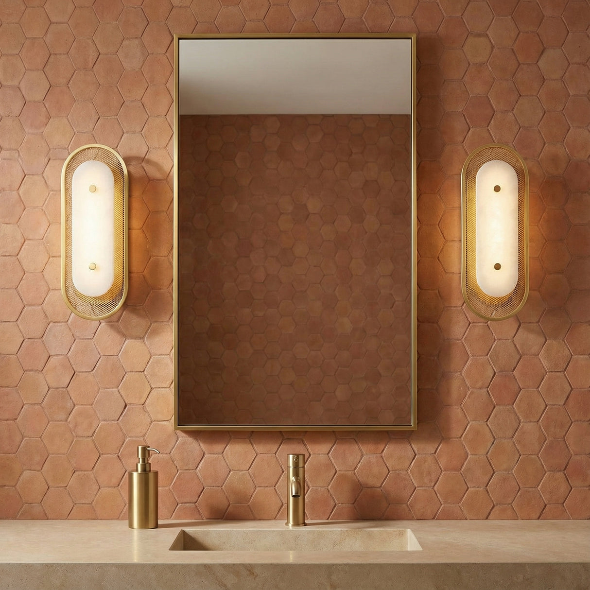 Vance LED Wall Sconce 16", Brass and Alabaster for Modern home with Terracotta Hexagonal Tile