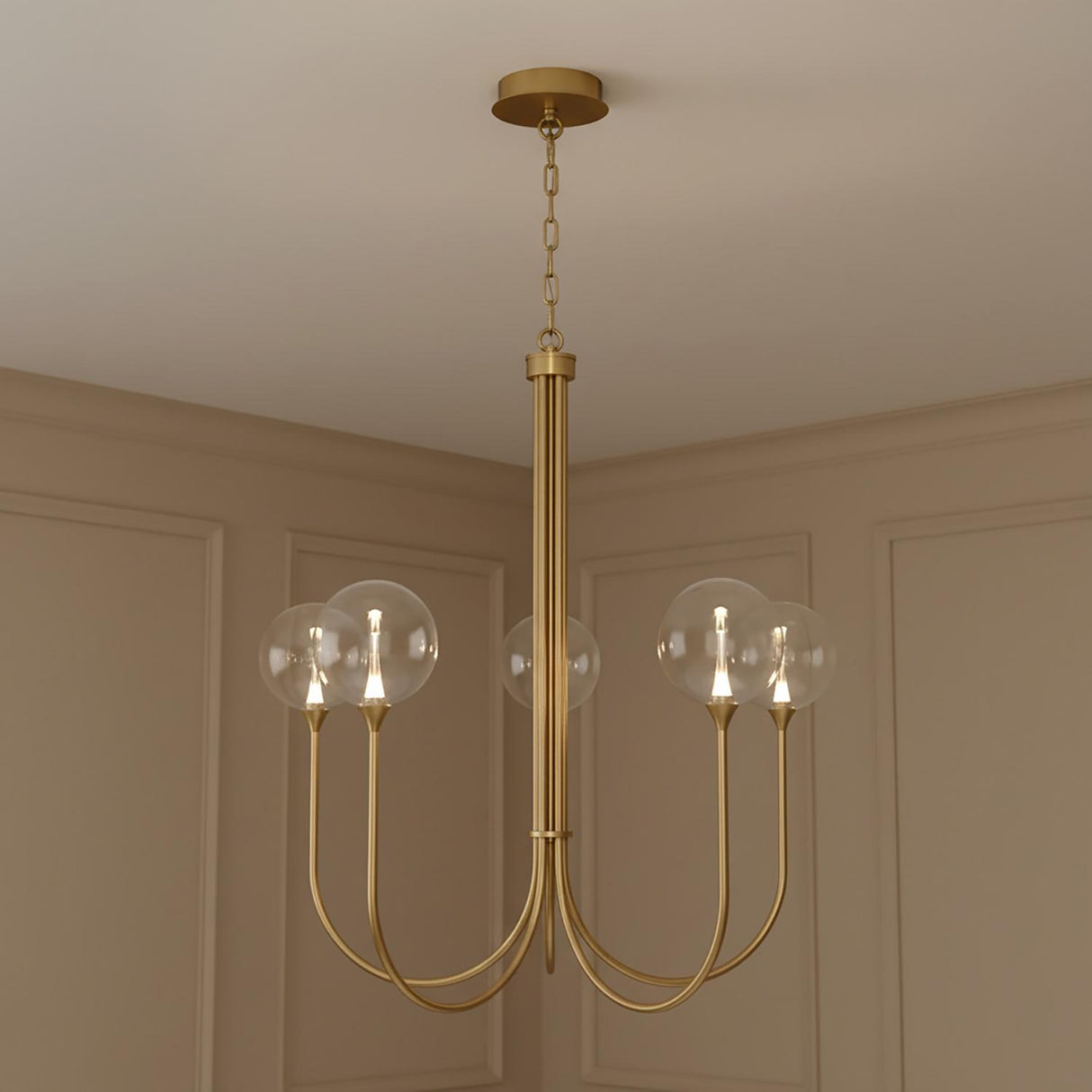 Eaton LED 5 Light Chandelier 34", Brass and Clear Glass