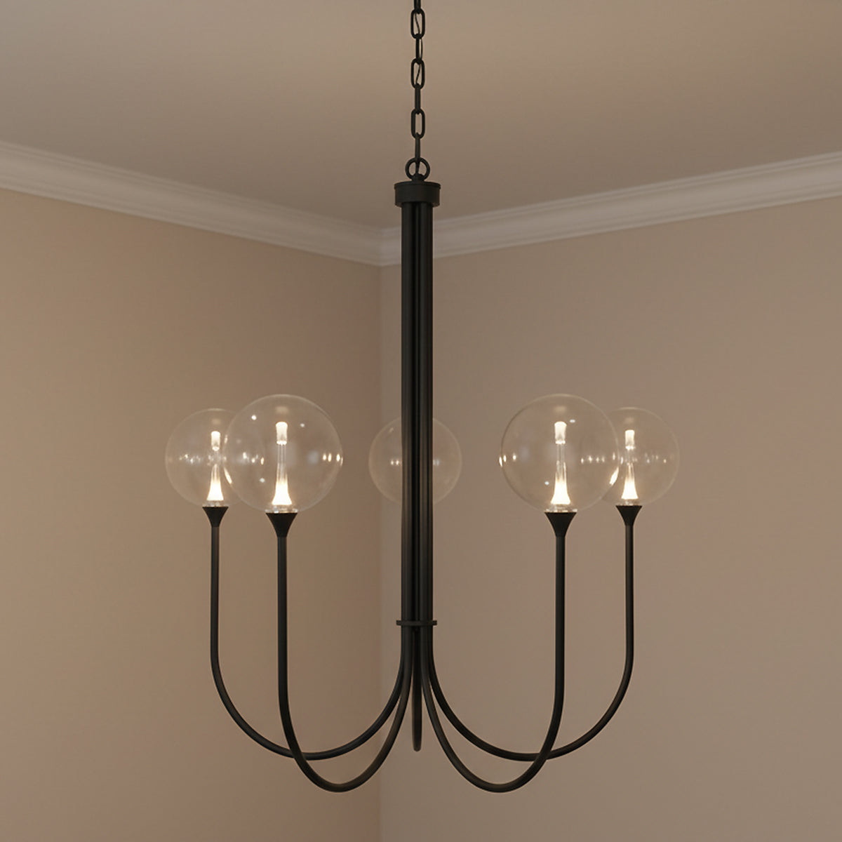 Eaton LED 5 Light Chandelier 34", Matte Black and Clear Glass for Modern home with Warm Beige Walls