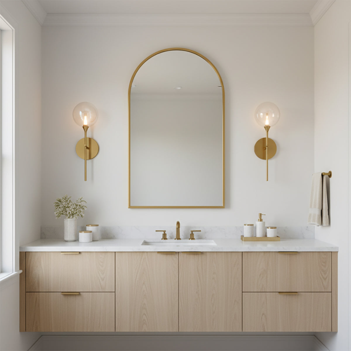 Eaton LED Wall Sconce 19", Brass and Clear Glass for Modern home with White Wood