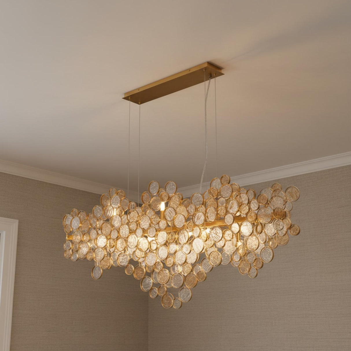 Denali 15 Light Linear Chandelier 56", Antique Gold with Topaz Glass