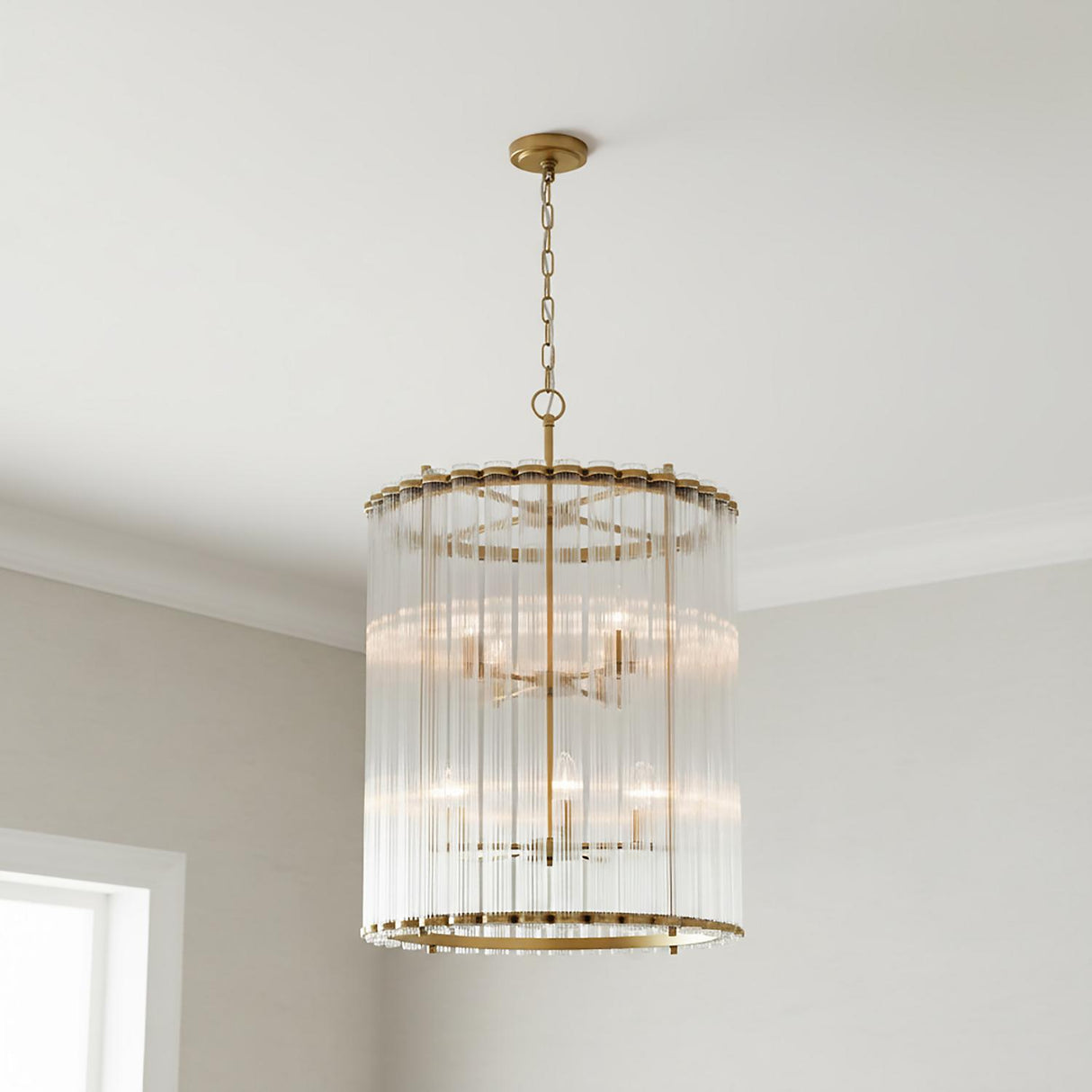 Nori 8 Light Chandelier 22", Brass and Ribbed Glass