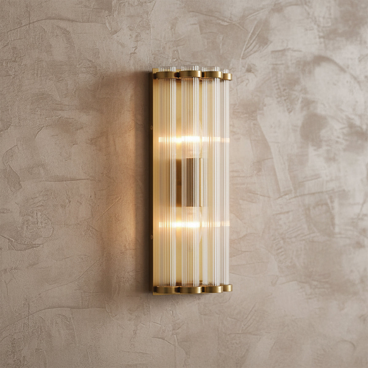 Nori Wall Sconce 14", Brass and Ribbed Glass for Modern home with Textured Beige Walls