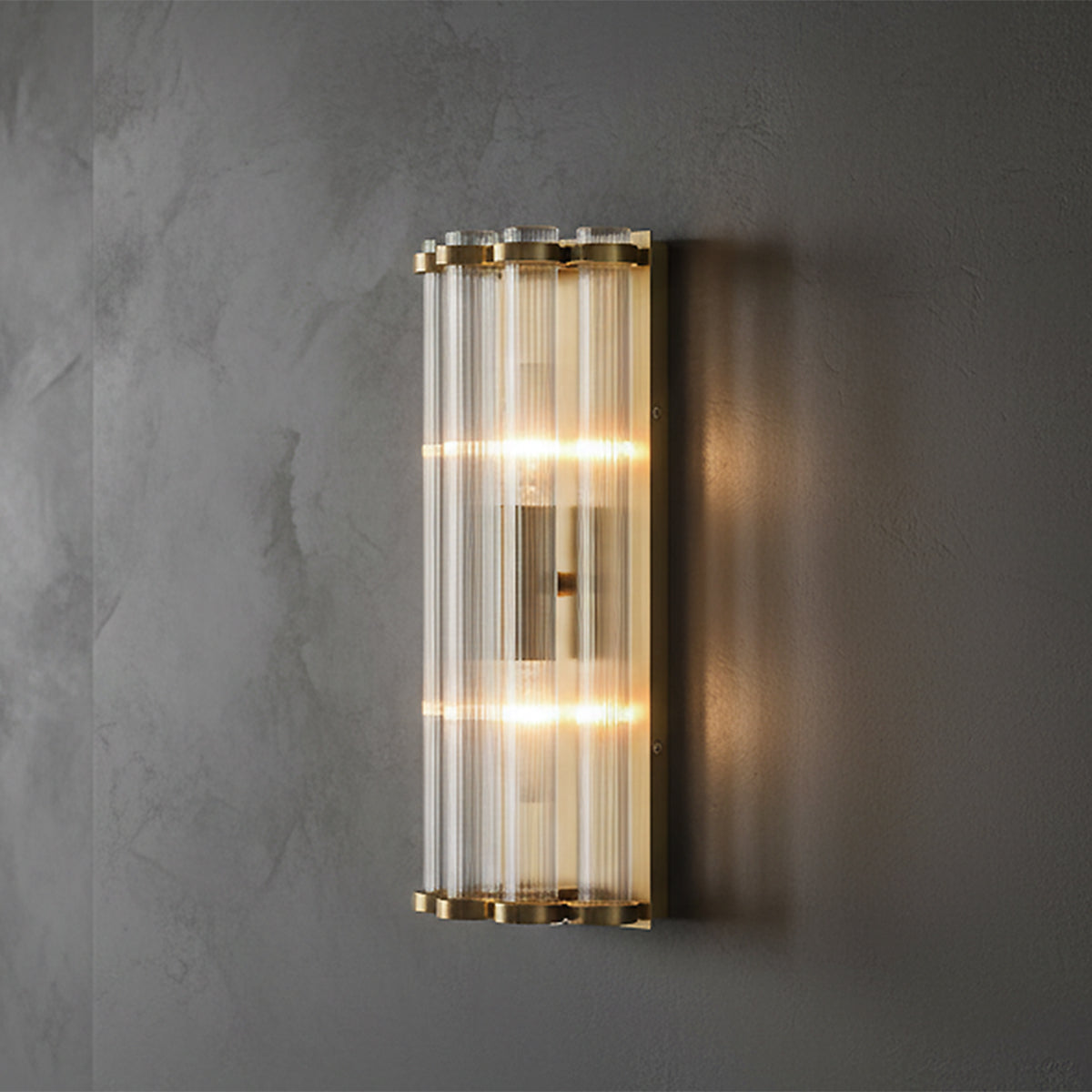 Nori Wall Sconce 14" tall, Brass and Ribbed Glass for Modern home with Dark Gray Siding