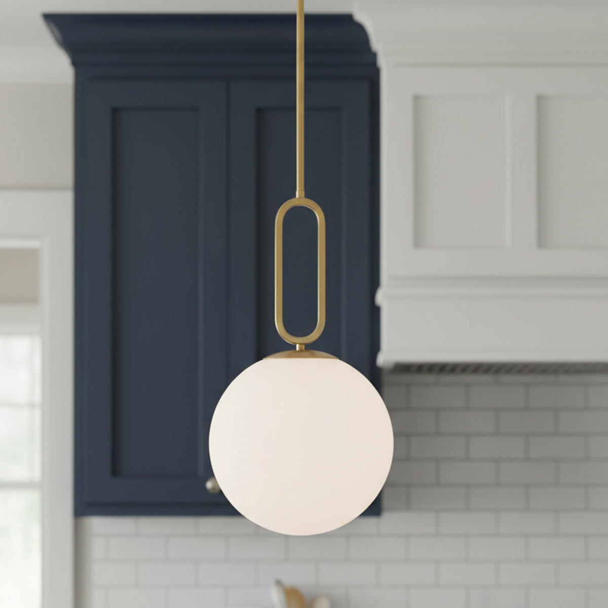Oren Pendant 12, Brass and Opal Glass for Modern Farmhouse home with Navy Cabinets