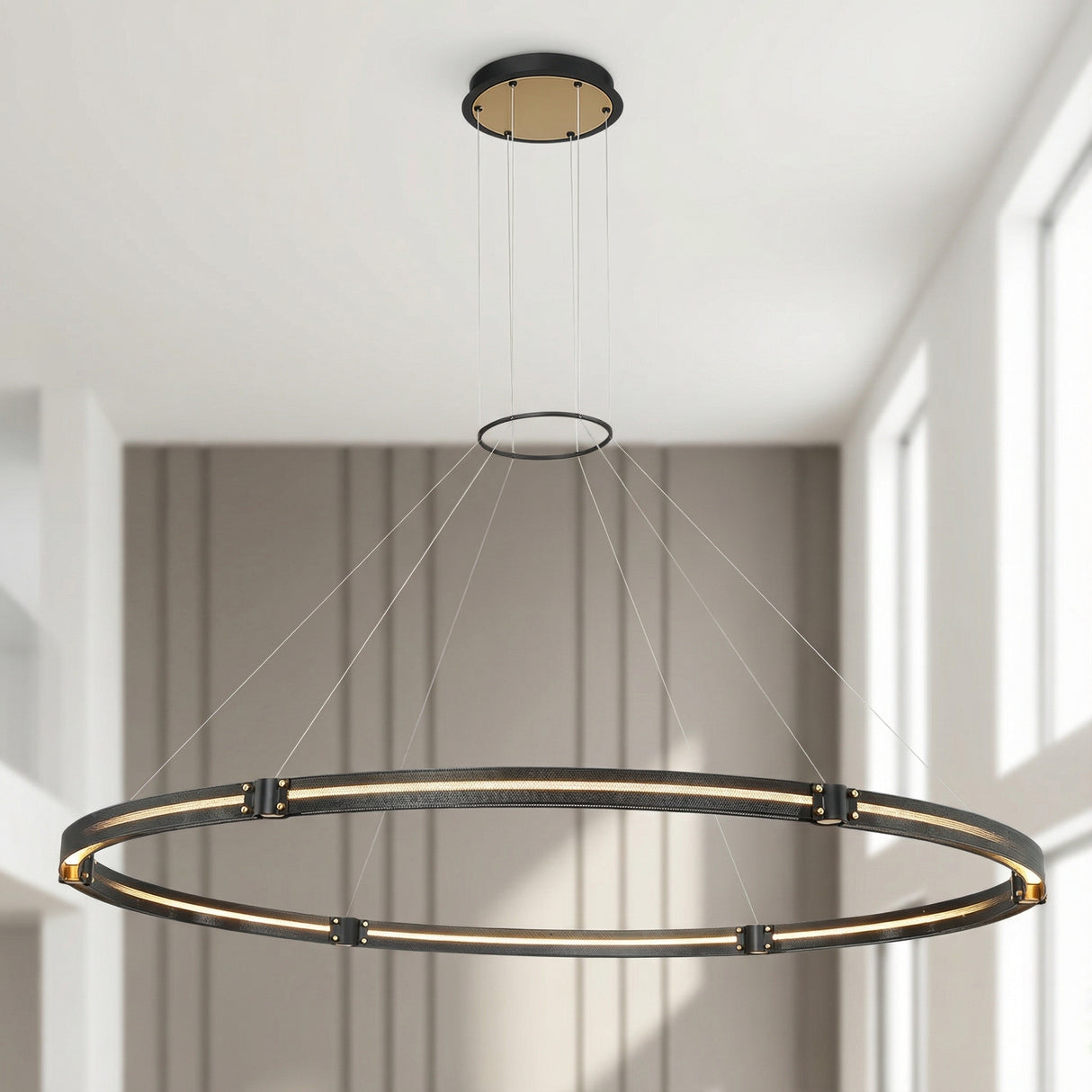 Lune LED Pendant 62, Brass and Black for Modern home with White Siding
