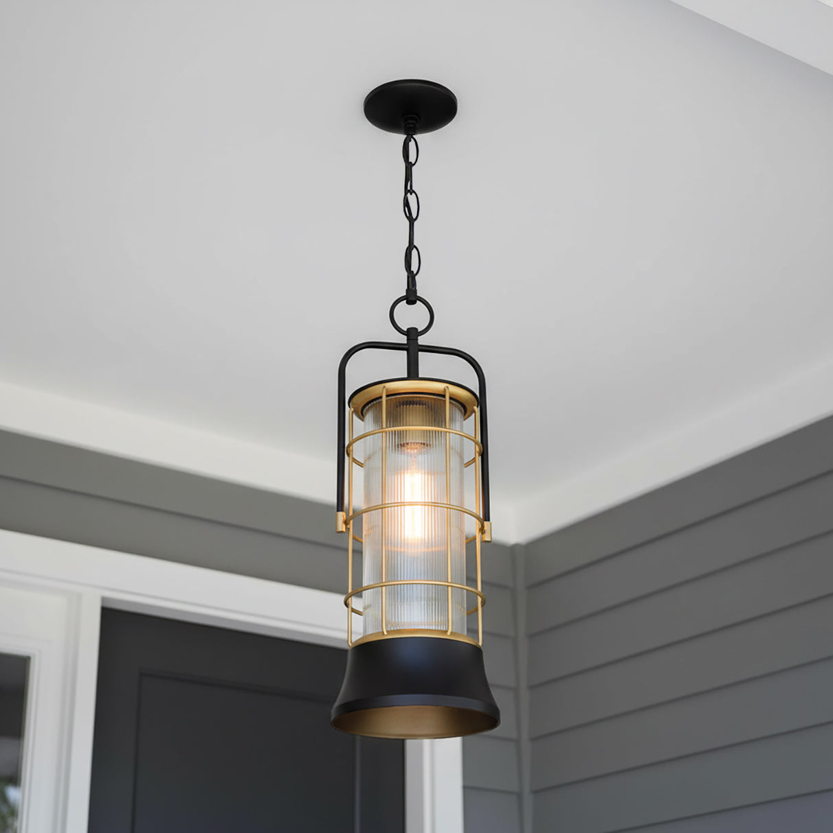 Irvington LED Outdoor Hanging Light 23" for Modern Farmhouse home with Gray Siding
