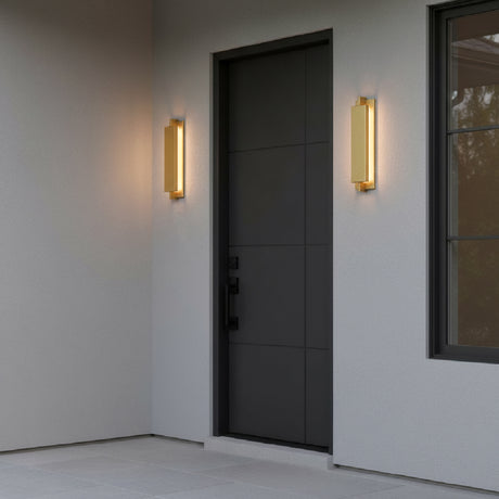 Modern black front door with two Rye LED Outdoor 21" Wall Lights, in Textured Gold finish.