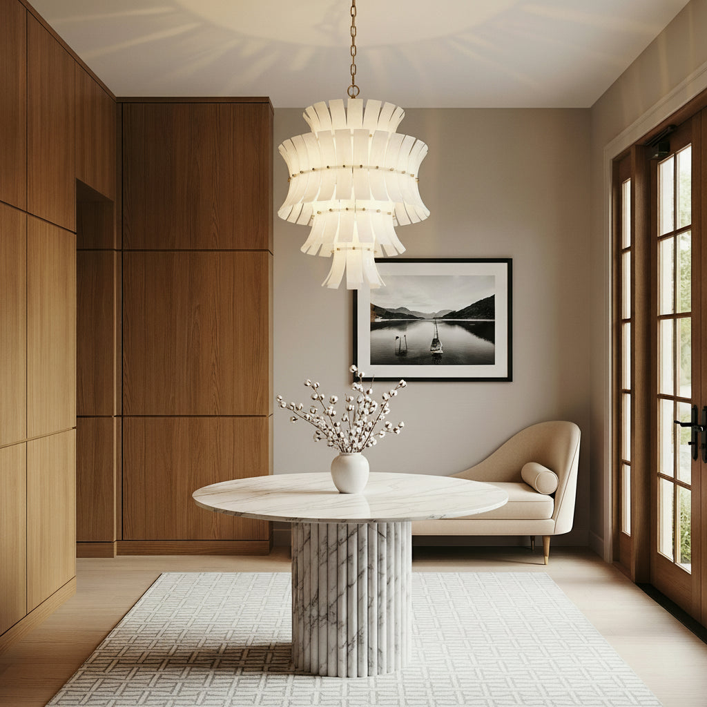 Brielle 13 Light Chandelier 22", White Art Glass with Aged Brass scalloped Chandelier in a Modern Entryway with a white marble table & natural wood cabinets.