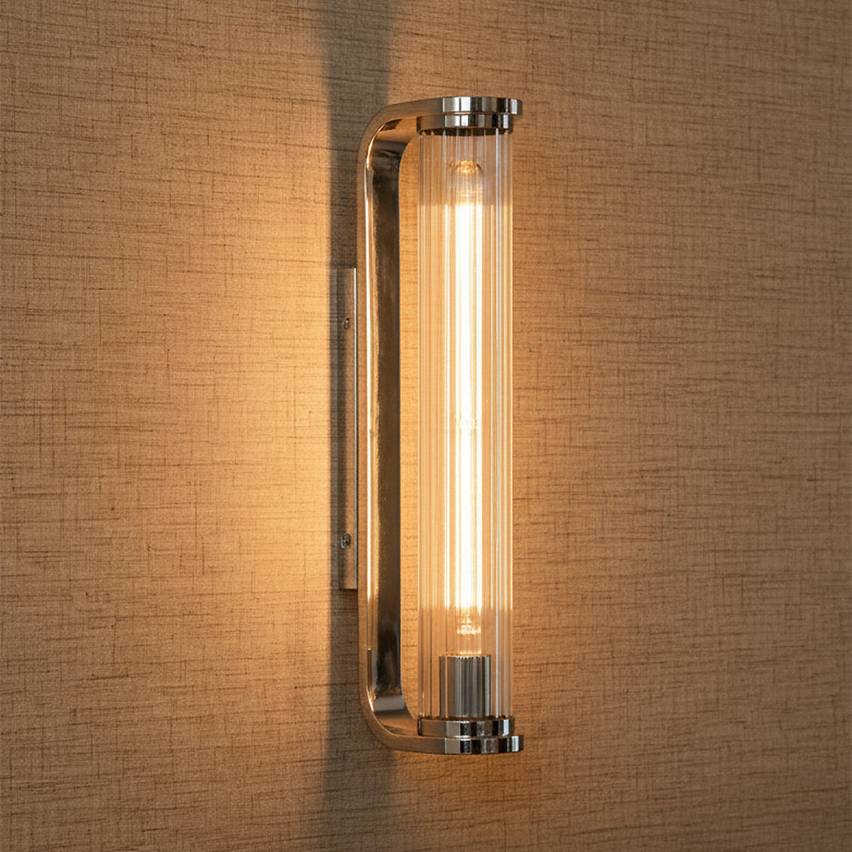 Cedar Wall Sconce 17, Polished Nickel and Clear Ribbed Glass for Modern home with Beige Textured Wallpaper