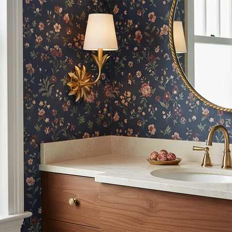 Ayla Wall Sconce 15, Antique Gold - Bathroom vanity with floral wallpaper