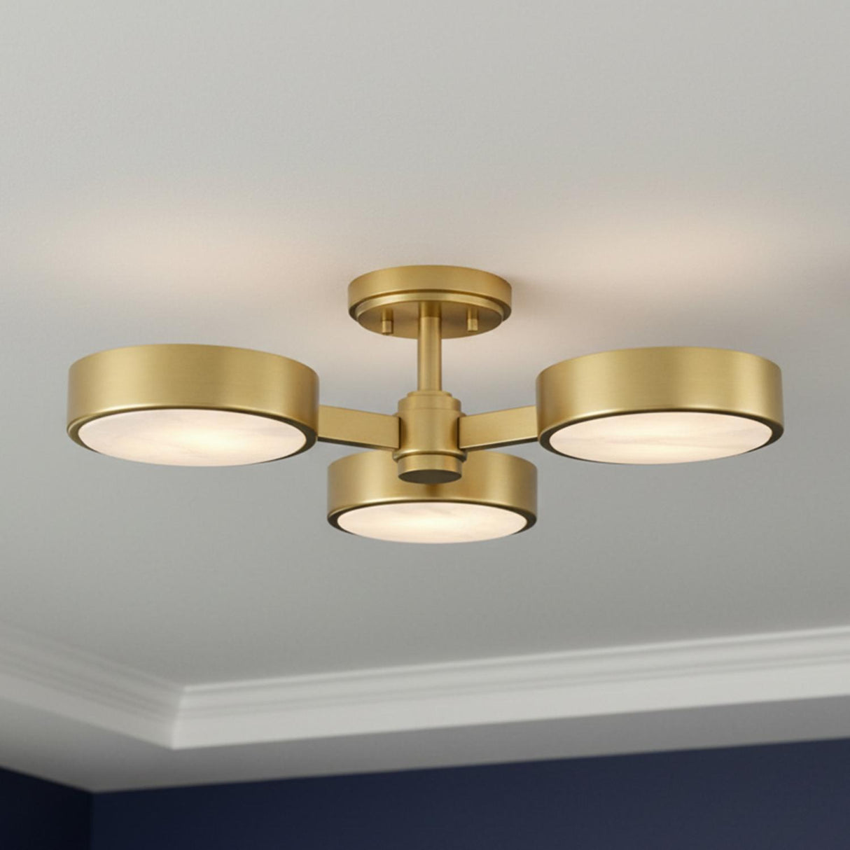 Finn 3 Light Semi-Flush 23", Brass and Alabaster