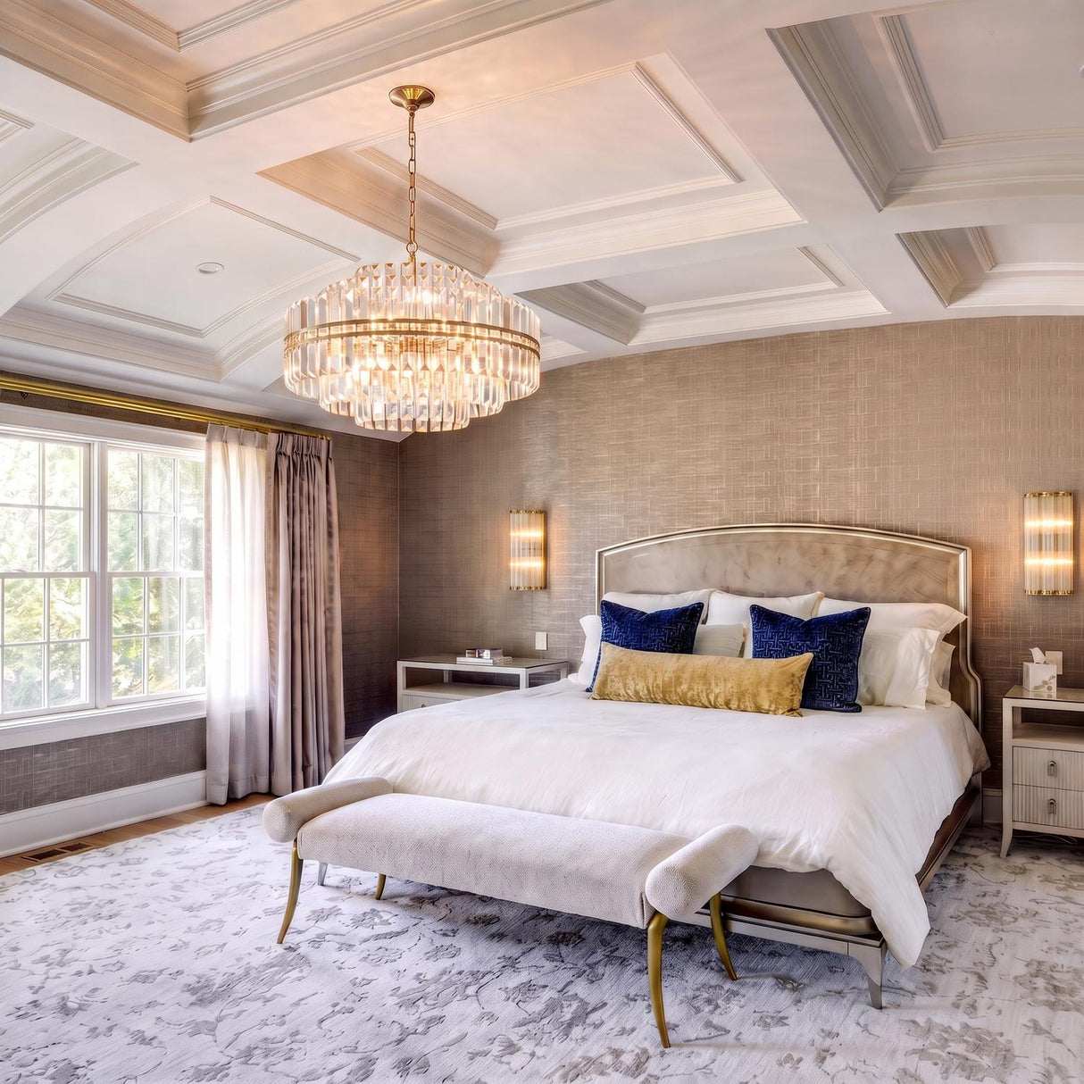 A traditional bedroom with an aged brass and crystal chandelier centered on a white coffered ceiling above a metallic headboard and textured tan wallpaper.