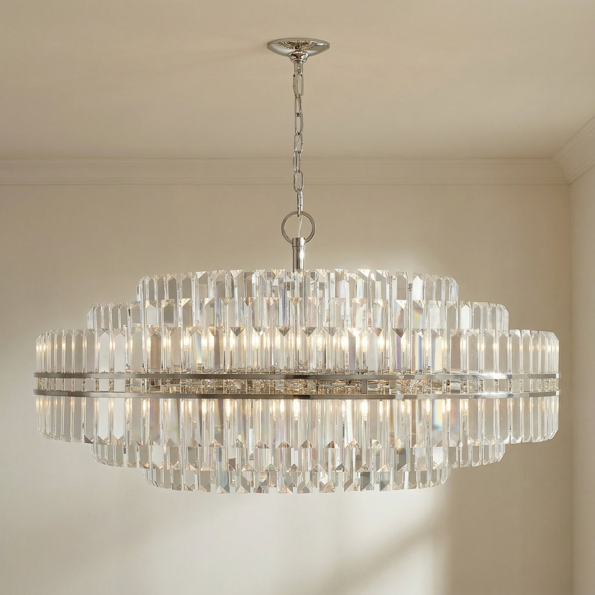 Maxwell 32 Light Chandelier 41", Crystal with Polished Nickel geometric chandelier in a Transitional Dining Room with a dark wood dining table.