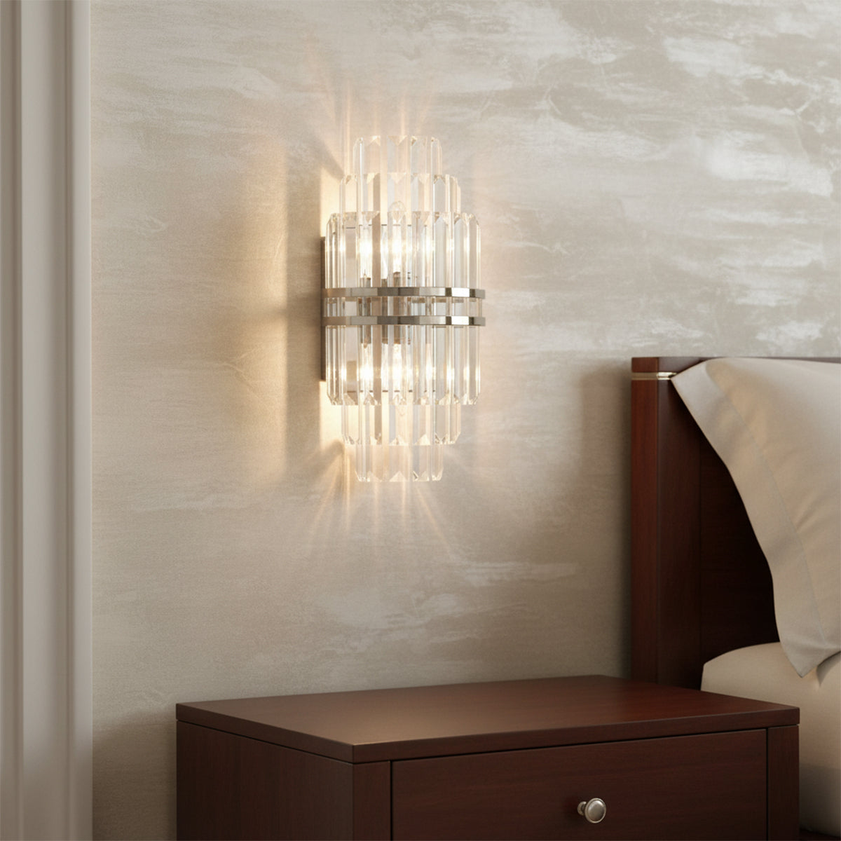 Maxwell Wall Sconce 14" Crystal with Polished Nickel for Contemporary home with Beige Textured Walls
