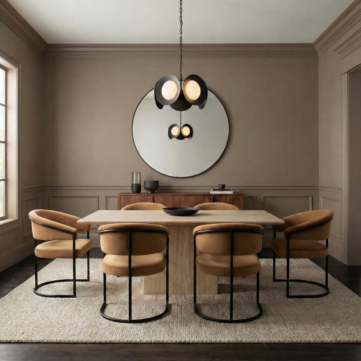 Elon 5 Light LED Chandelier 16", Matte Black and Opal Glass scalloped globe Chandelier in a Transitional Dining Room with a stone table.