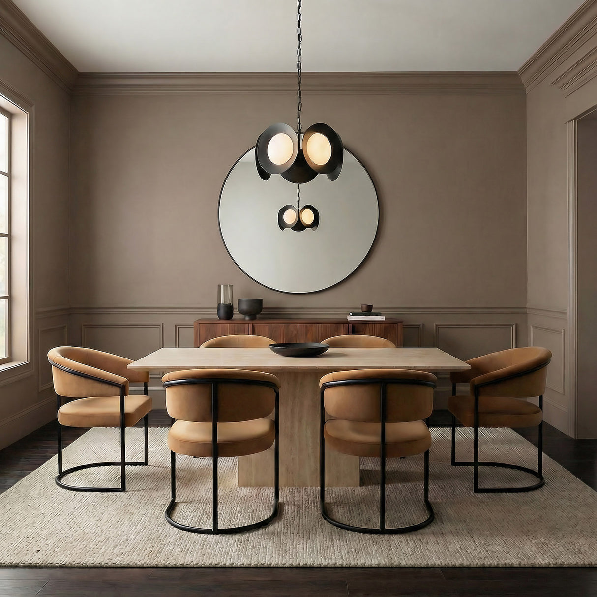 Elon 5 Light LED Chandelier 16", Matte Black and Opal Glass scalloped globe Chandelier in a Transitional Dining Room with a stone table.