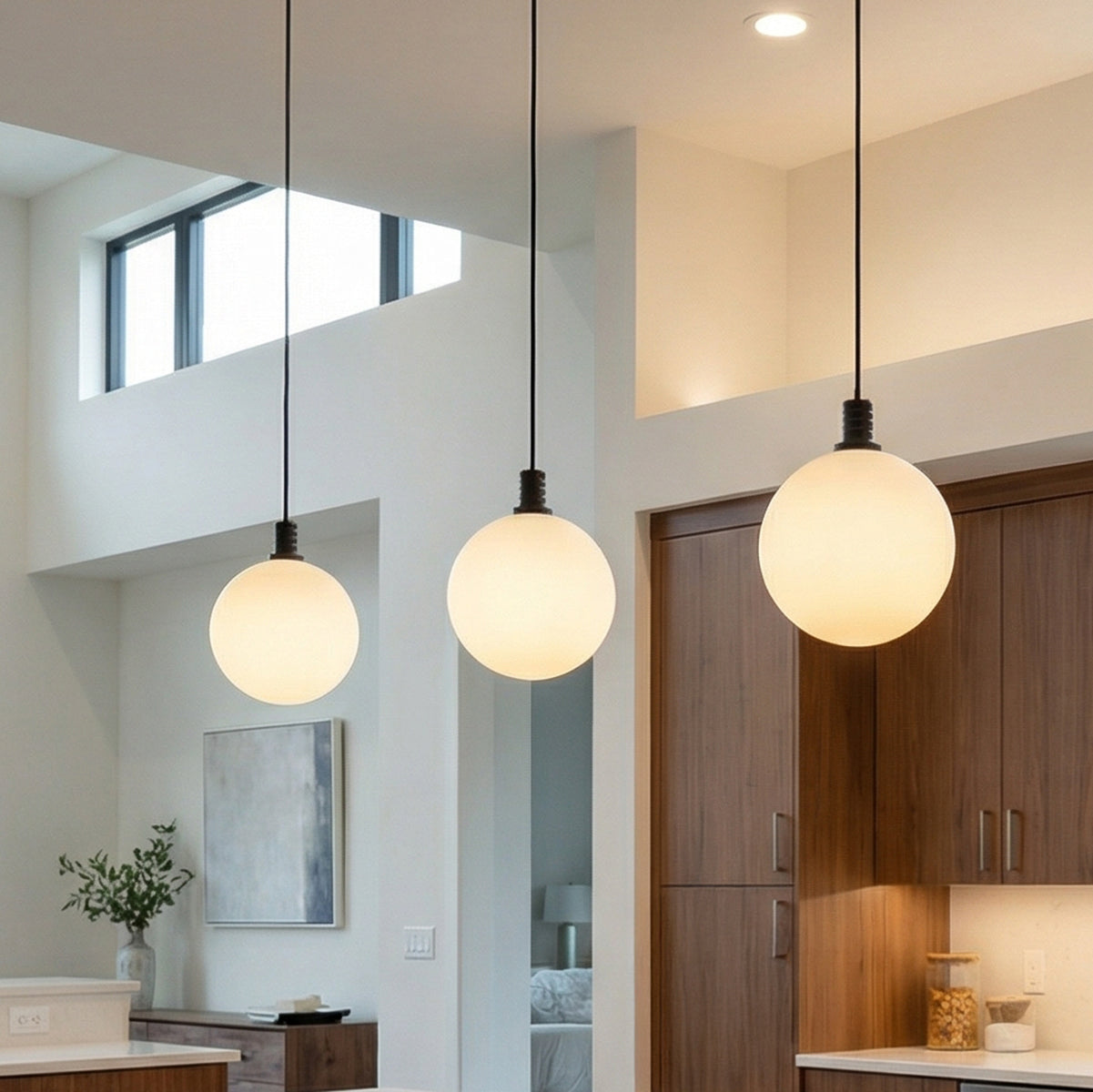 Soren LED Pendant 5, Matte Black and Opal Glass for Modern home with White Walls