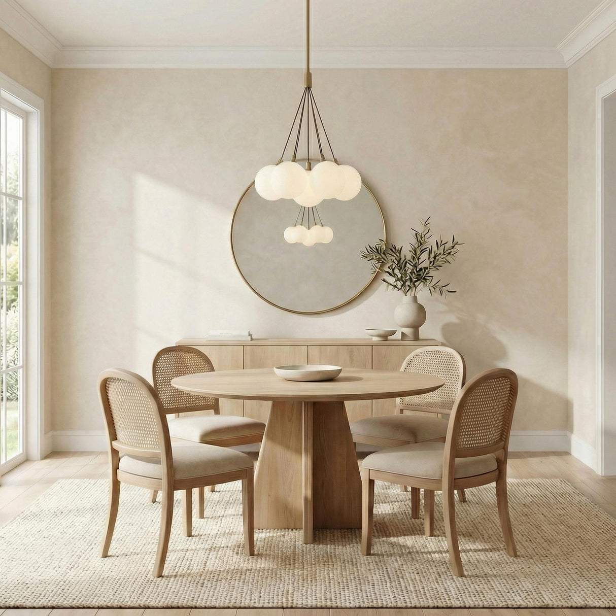 Soren Brass clustered globe design Chandelier in a Transitional Dining Room with a light oak table and cane back chairs.