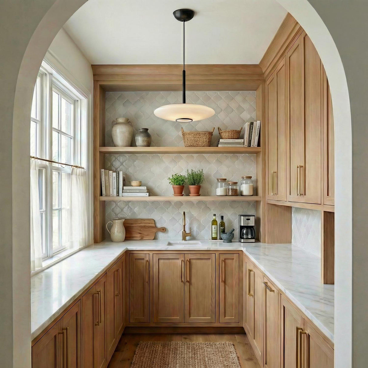 Callan Black and Opal Glass geometric pendant in a Transitional Kitchen with oak cabinets and white marble.