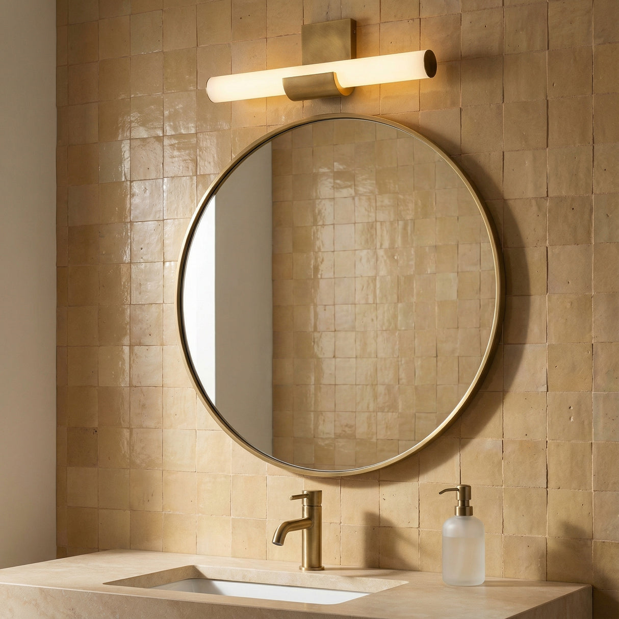 Nell LED Vanity Light 20", Aged Brass for Modern home with Beige Tile
